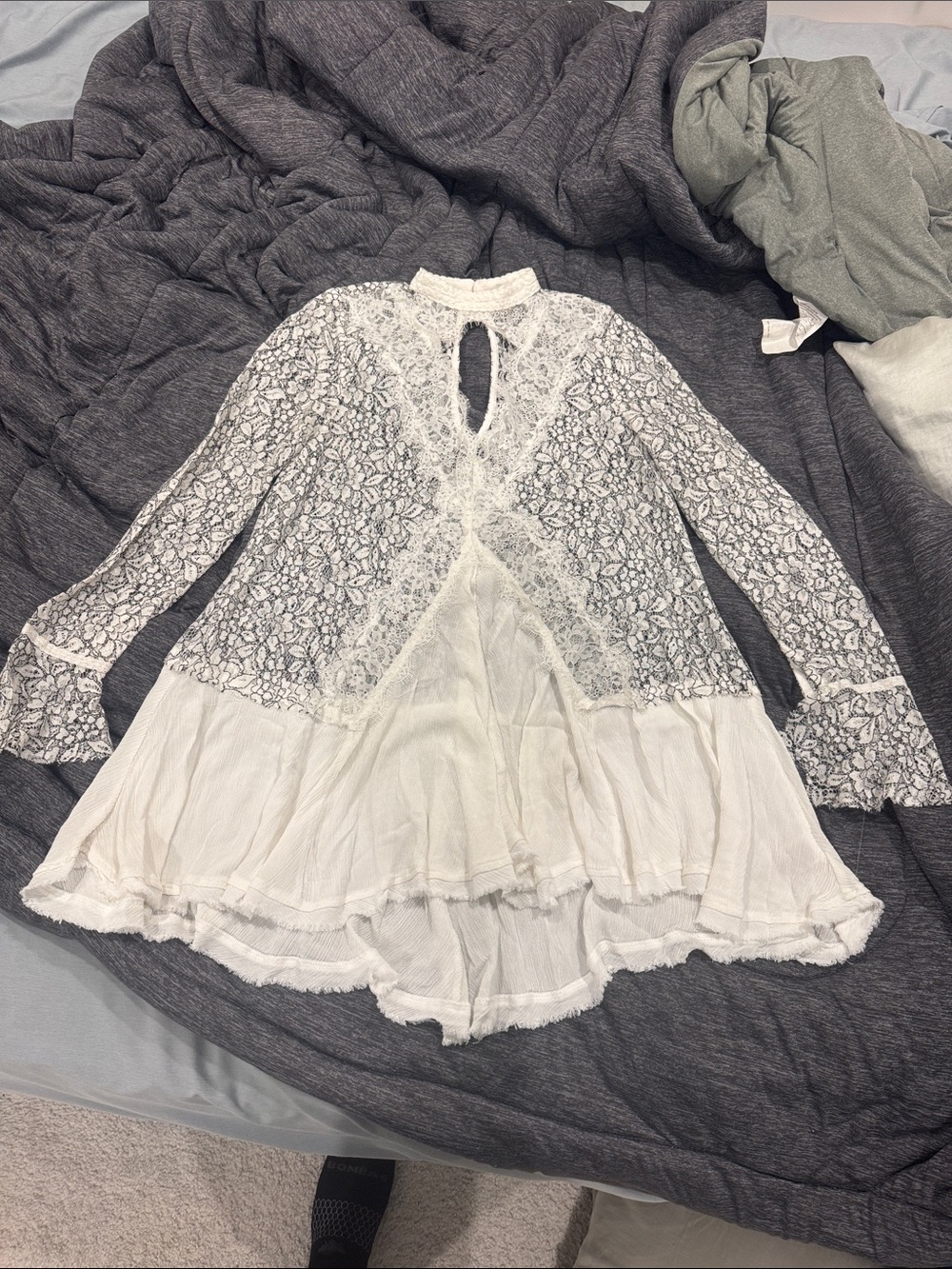 Free People Ivory/Black Lace Long Sleeve Top